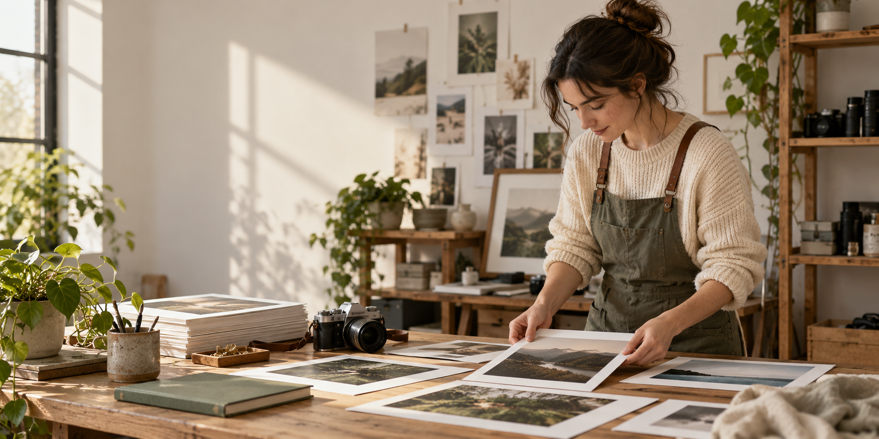 Independent photographer arranging prints in a sunlit studio